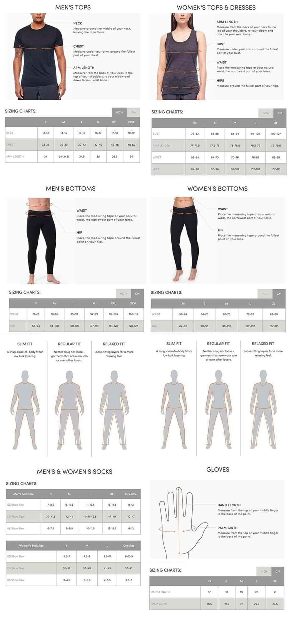 Dimensions, sizes for brand Icebreaker