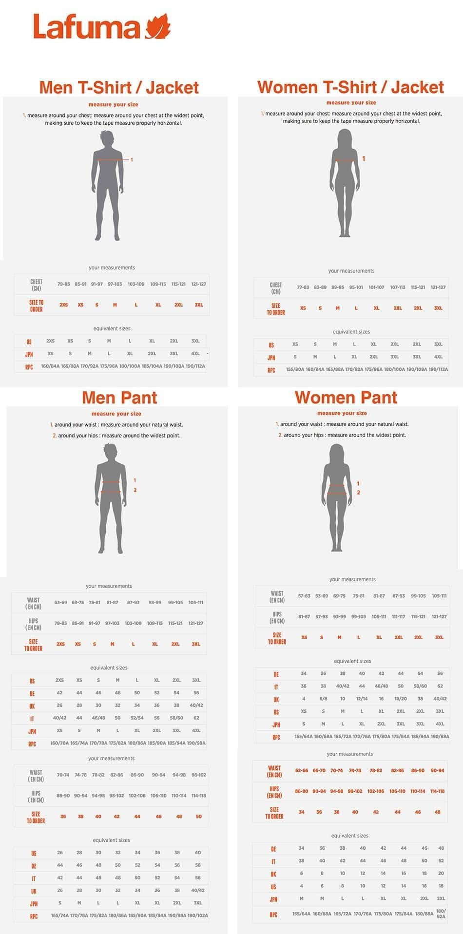 Dimensions, sizes for brand Lafuma