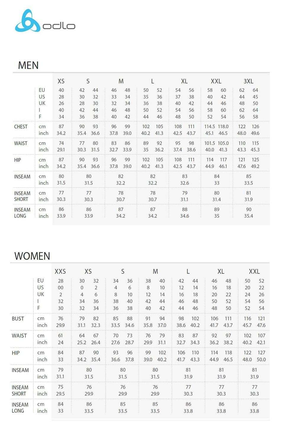 Dimensions, sizes for brand Odlo